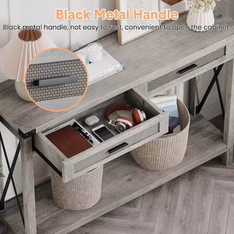 Rattan Console Table for Entryway - Boho Entryway Table with Storage and Drawers, Small Entry Tables, 43"