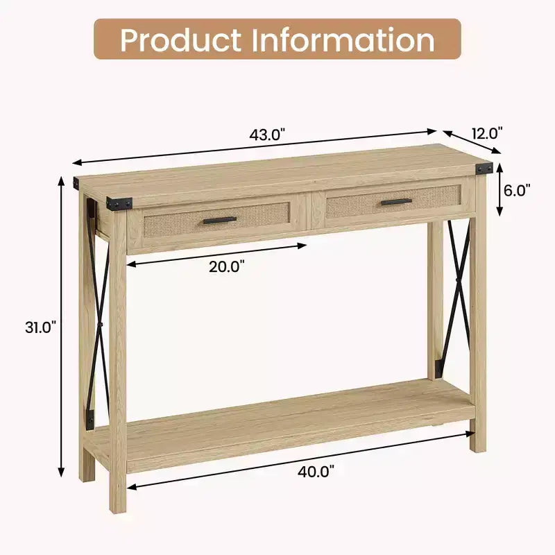 Rattan Console Table for Entryway - Boho Entryway Table with Storage and Drawers, Small Entry Tables, 43"