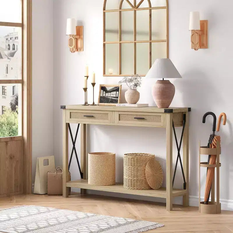 Rattan Console Table for Entryway - Boho Entryway Table with Storage and Drawers, Small Entry Tables, 43"