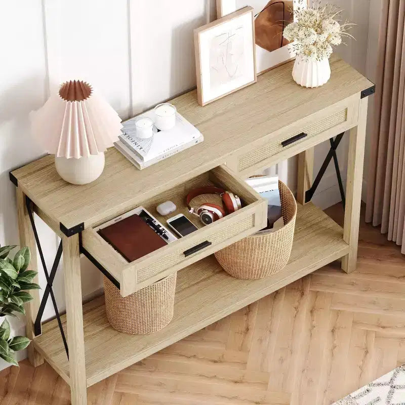 Rattan Console Table for Entryway - Boho Entryway Table with Storage and Drawers, Small Entry Tables, 43"