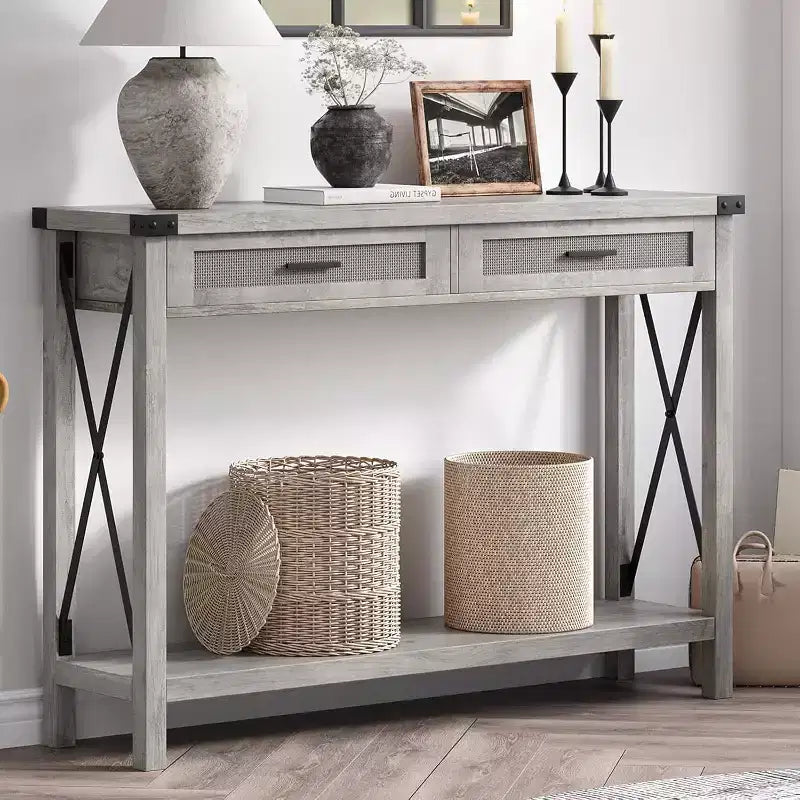 Rattan Console Table for Entryway - Boho Entryway Table with Storage and Drawers, Small Entry Tables, 43"