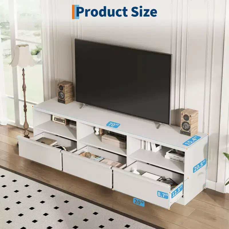 70 inch TV Stand for 80 TVs, Mid Century Modern Entertainment Center with Storage Drawer & Open Shelves