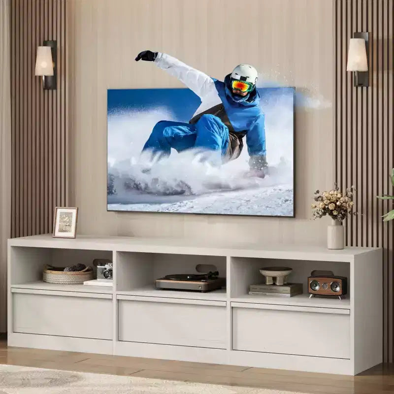 70 inch TV Stand for 80 TVs, Mid Century Modern Entertainment Center with Storage Drawer & Open Shelves