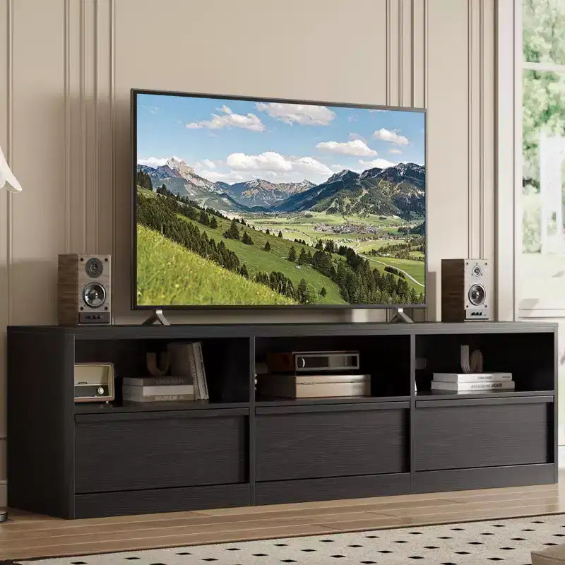 70 inch TV Stand for 80 TVs, Mid Century Modern Entertainment Center with Storage Drawer & Open Shelves