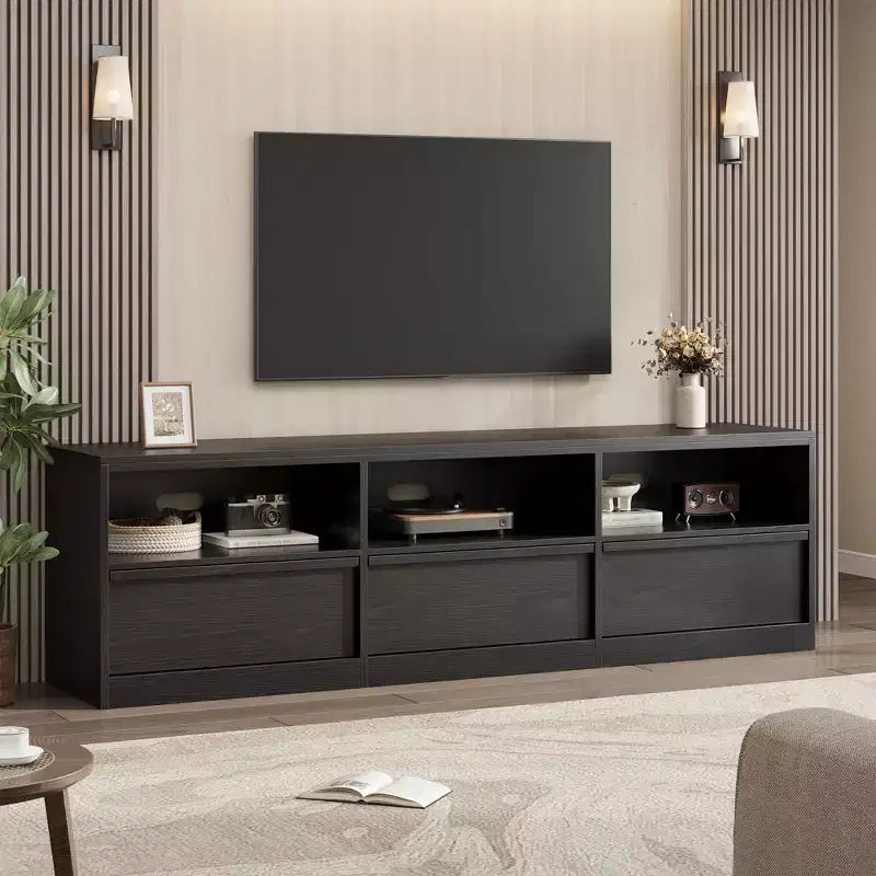 70 inch TV Stand for 80 TVs, Mid Century Modern Entertainment Center with Storage Drawer & Open Shelves