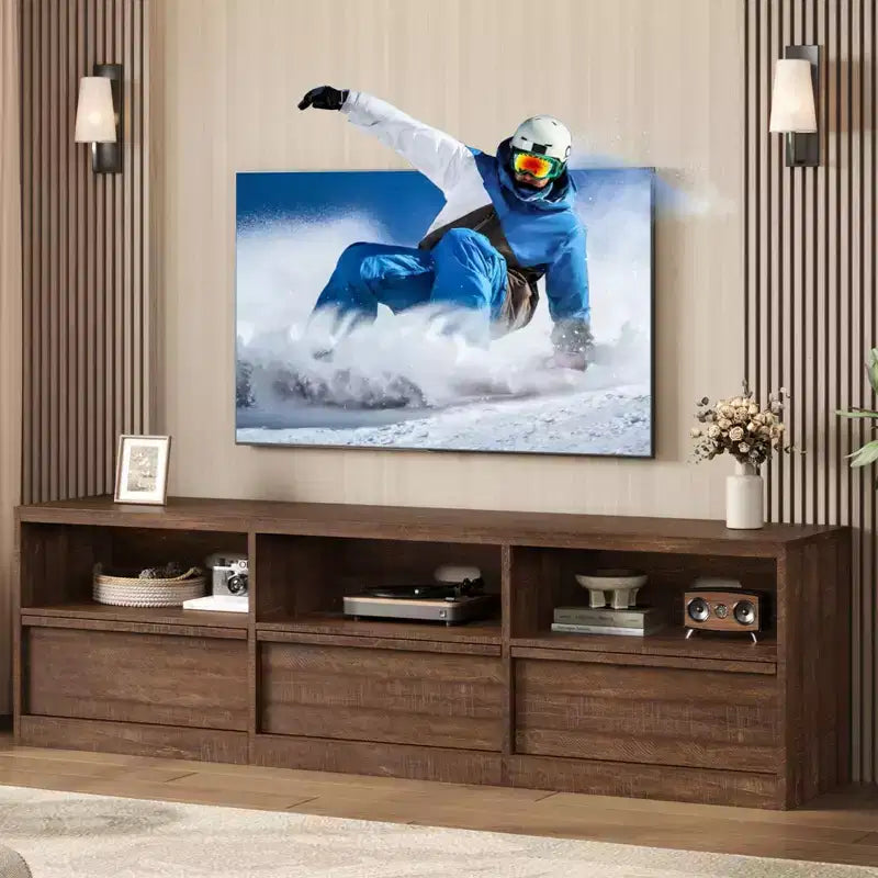 70 inch TV Stand for 80 TVs, Mid Century Modern Entertainment Center with Storage Drawer & Open Shelves
