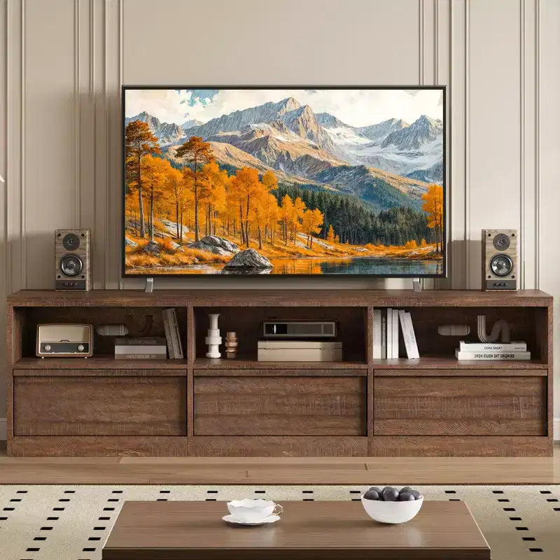 70 inch TV Stand for 80 TVs, Mid Century Modern Entertainment Center with Storage Drawer & Open Shelves