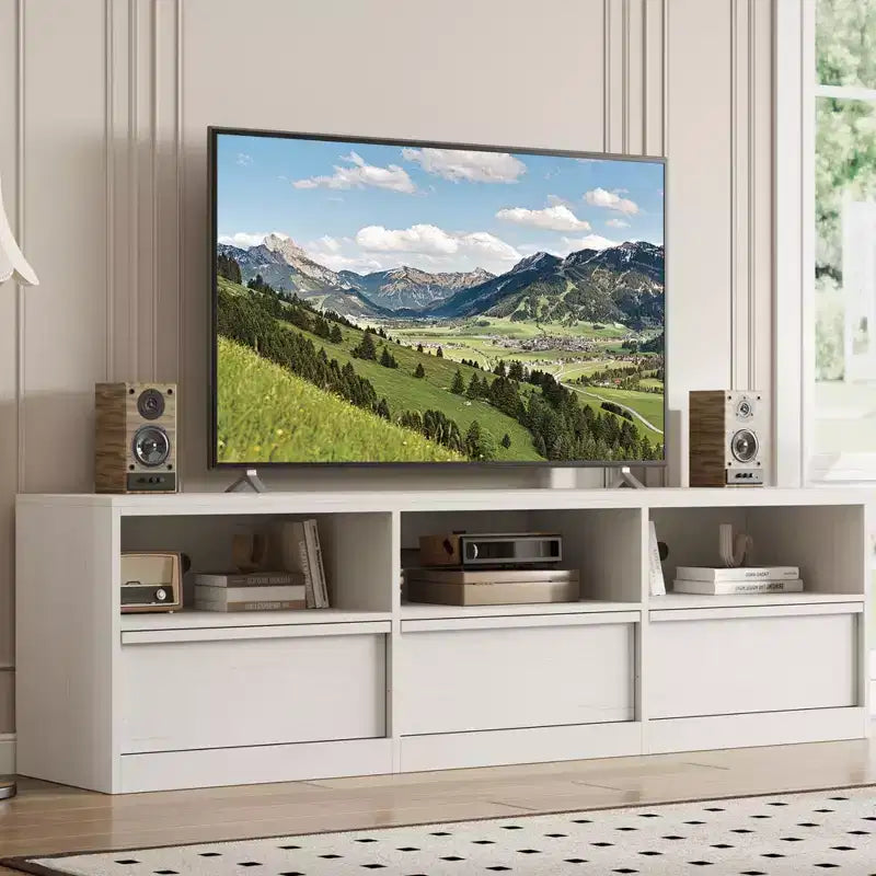 70 inch TV Stand for 80 TVs, Mid Century Modern Entertainment Center with Storage Drawer & Open Shelves