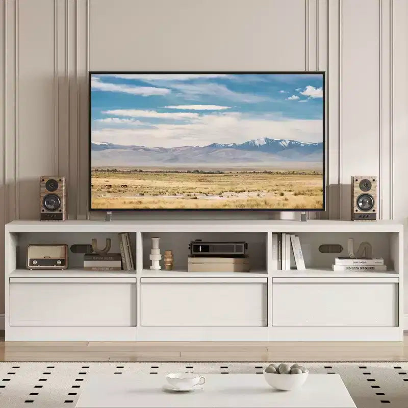 70 inch TV Stand for 80 TVs, Mid Century Modern Entertainment Center with Storage Drawer & Open Shelves