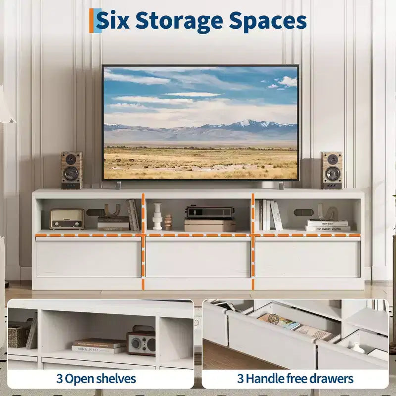 70 inch TV Stand for 80 TVs, Mid Century Modern Entertainment Center with Storage Drawer & Open Shelves