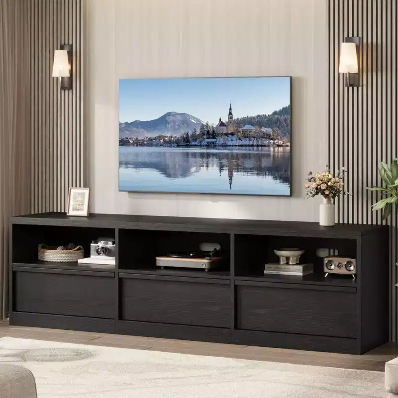 70 inch TV Stand for 80 TVs, Mid Century Modern Entertainment Center with Storage Drawer & Open Shelves