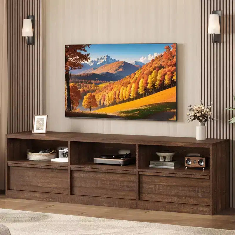 70 inch TV Stand for 80 TVs, Mid Century Modern Entertainment Center with Storage Drawer & Open Shelves