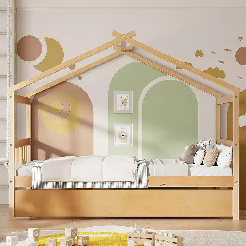 Twin Size Wooden House Bed with Twin Size Trundle