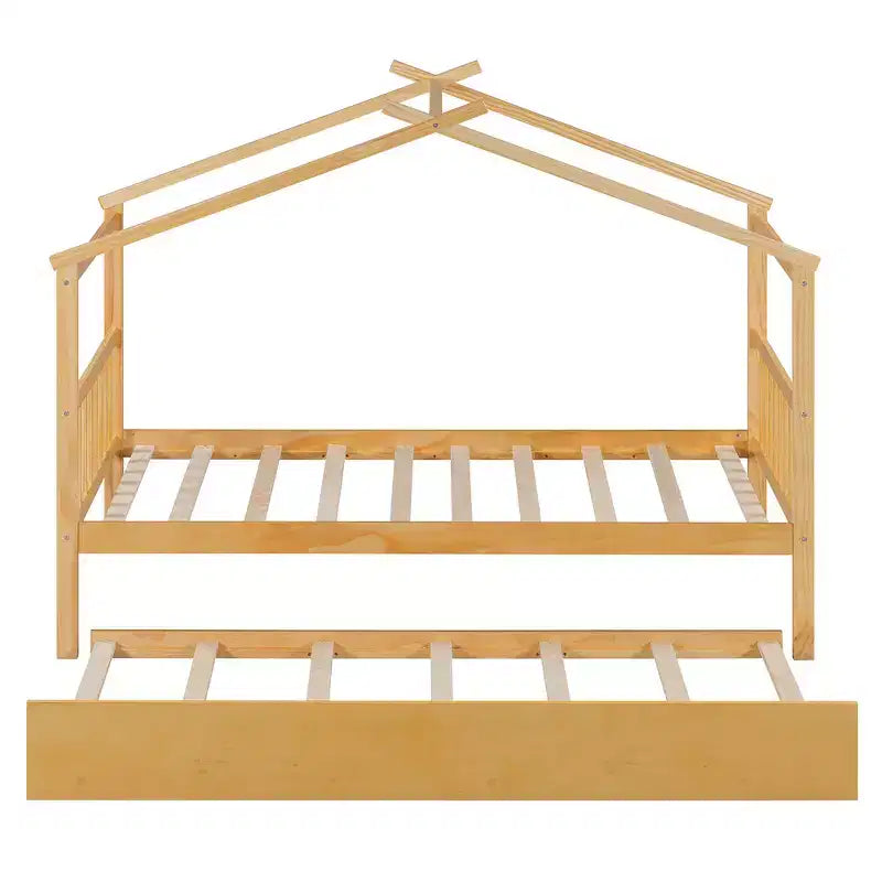 Twin Size Wooden House Bed with Twin Size Trundle
