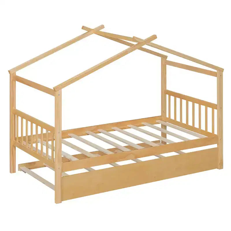 Twin Size Wooden House Bed with Twin Size Trundle