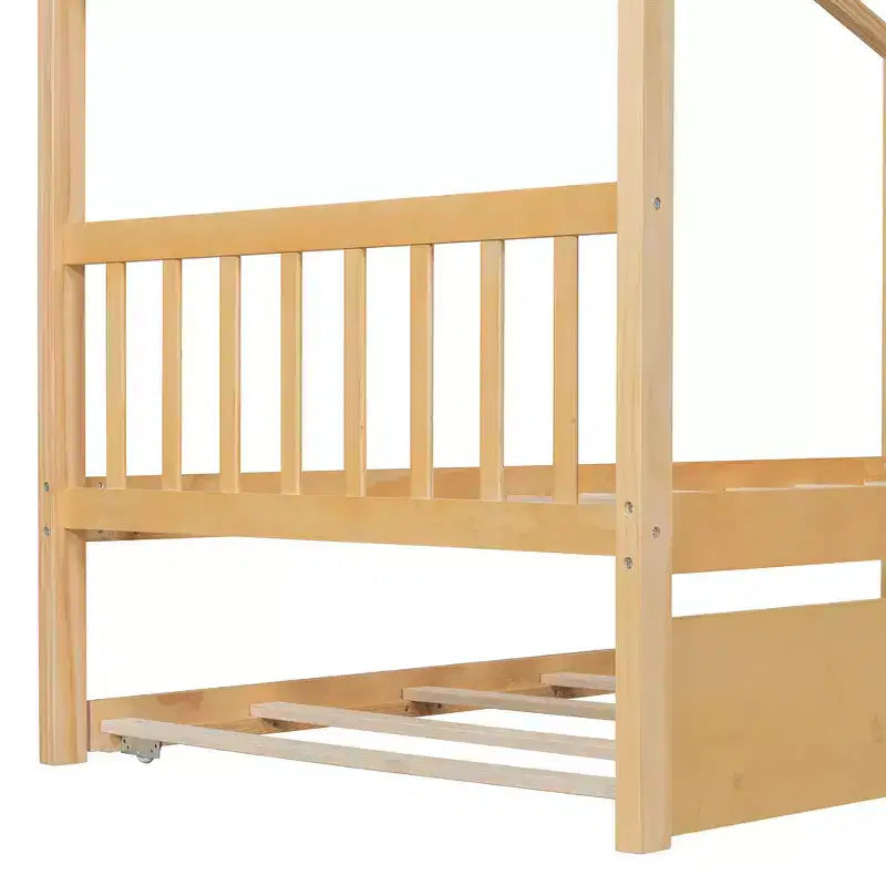 Twin Size Wooden House Bed with Twin Size Trundle