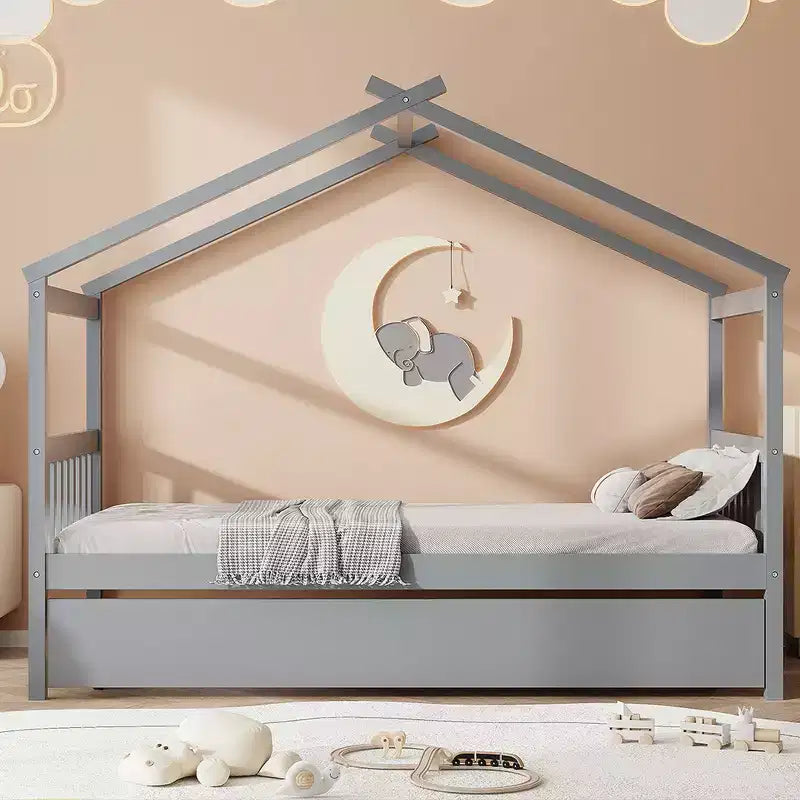 Twin Size Wooden House Bed with Twin Size Trundle