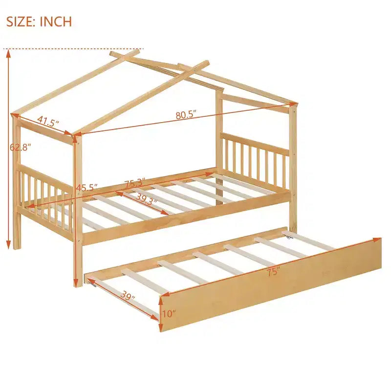 Twin Size Wooden House Bed with Twin Size Trundle
