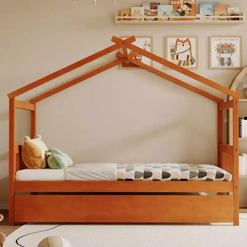 Twin Size Wooden House Bed with Twin Size Trundle