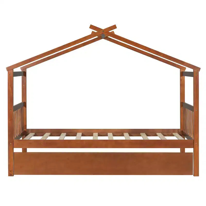 Twin Size Wooden House Bed with Twin Size Trundle