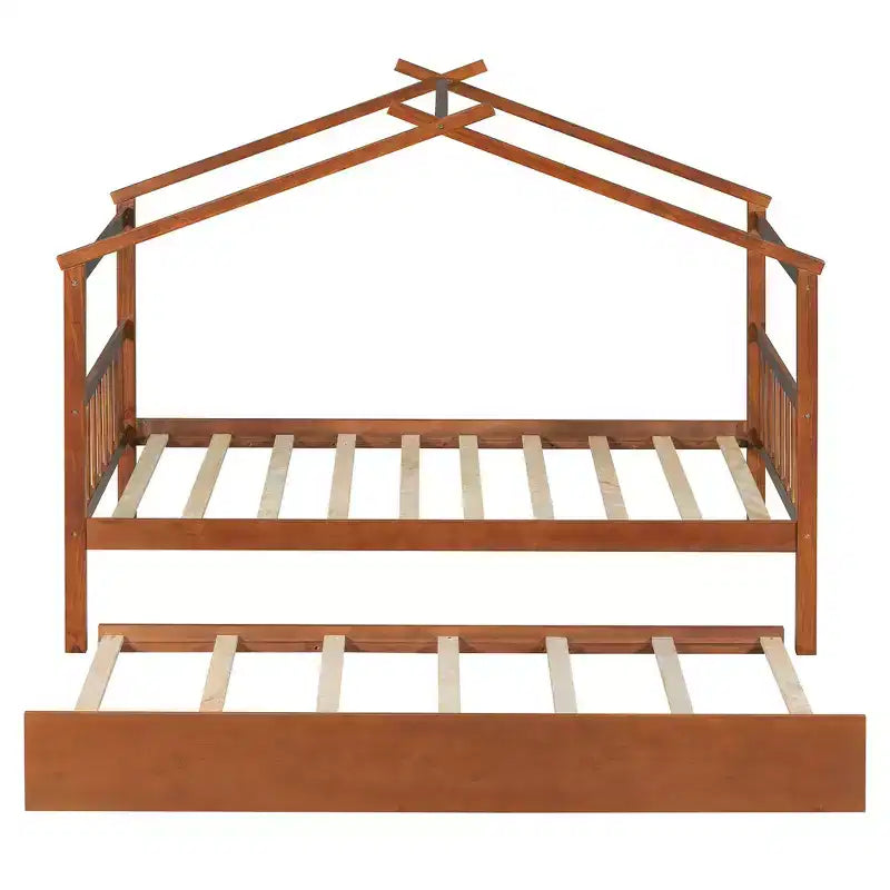 Twin Size Wooden House Bed with Twin Size Trundle