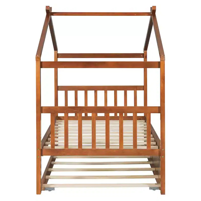 Twin Size Wooden House Bed with Twin Size Trundle