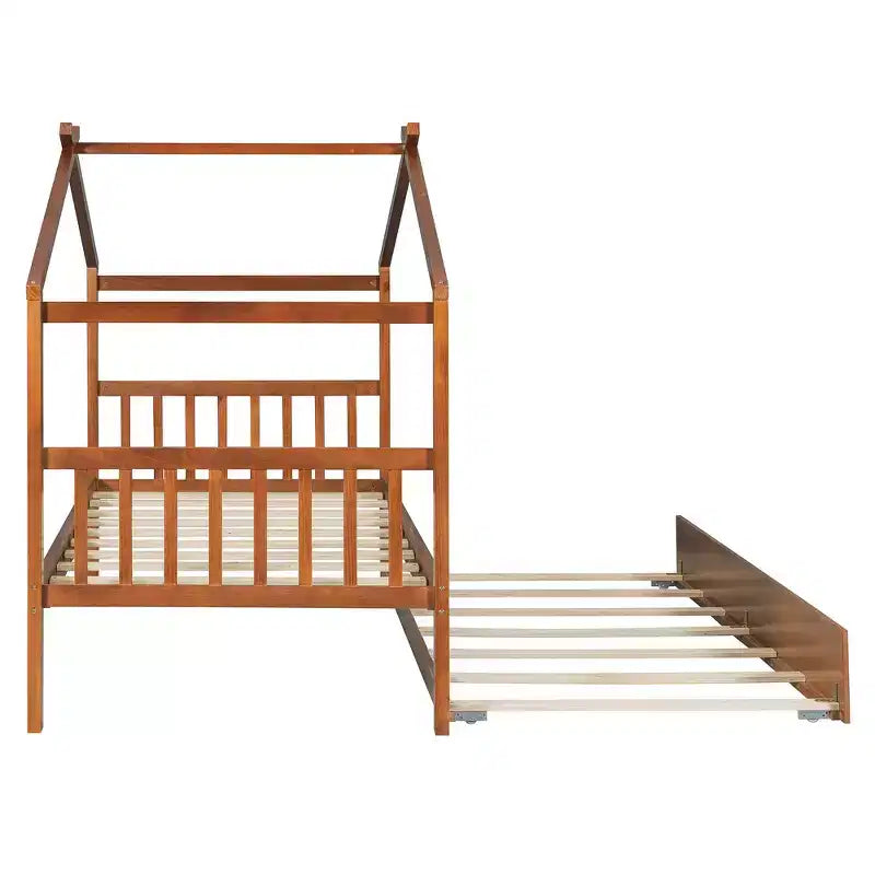 Twin Size Wooden House Bed with Twin Size Trundle