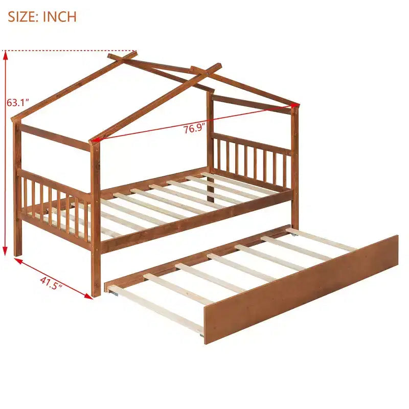 Twin Size Wooden House Bed with Twin Size Trundle