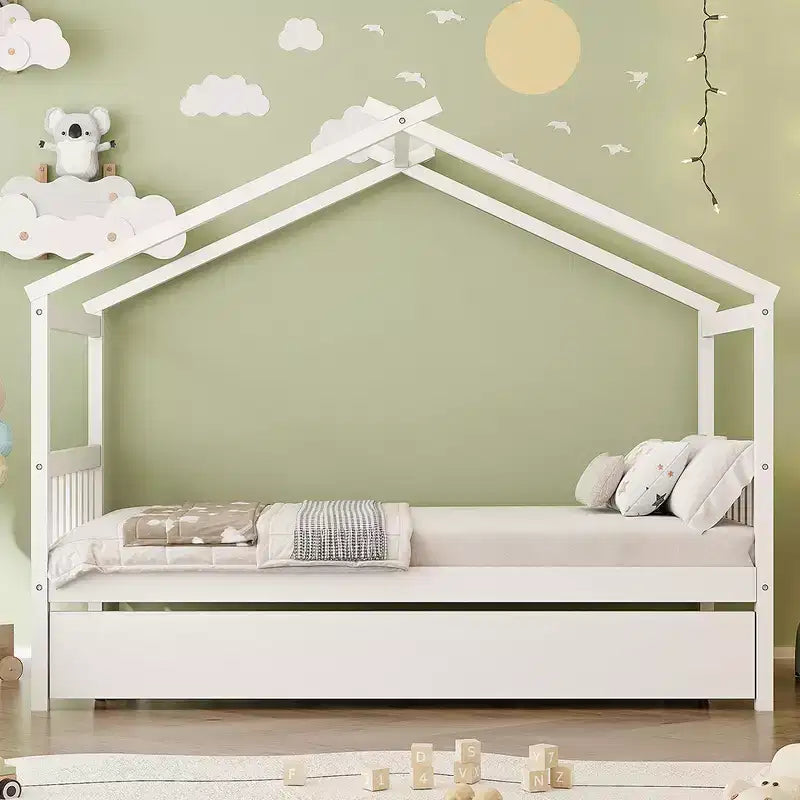 Twin Size Wooden House Bed with Twin Size Trundle