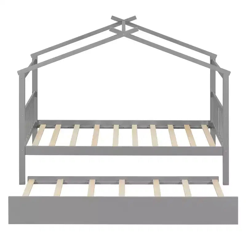 Twin Size Wooden House Bed with Twin Size Trundle