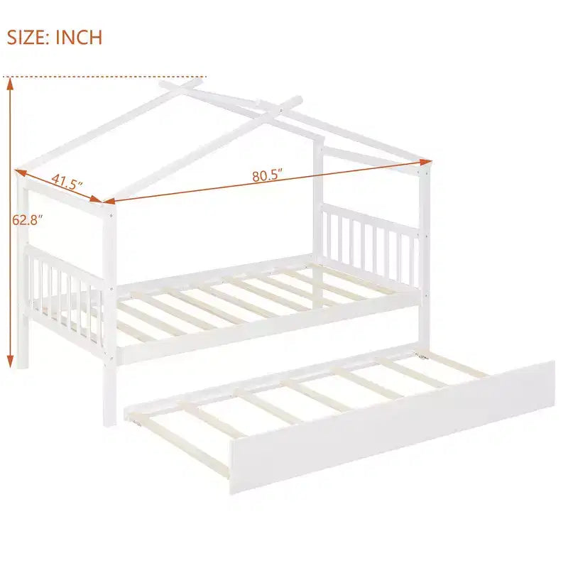 Twin Size Wooden House Bed with Twin Size Trundle