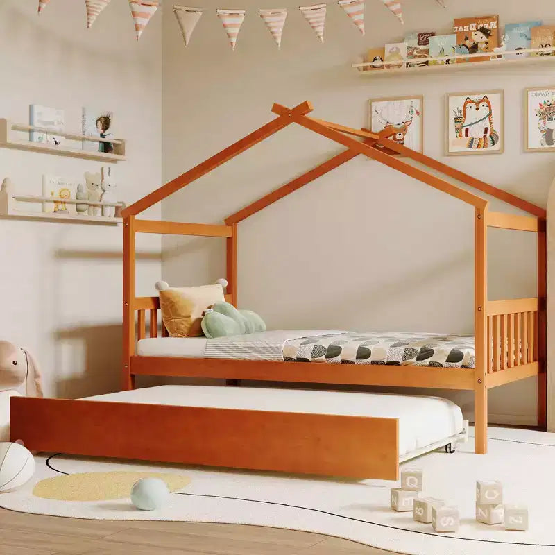 Twin Size Wooden House Bed with Twin Size Trundle