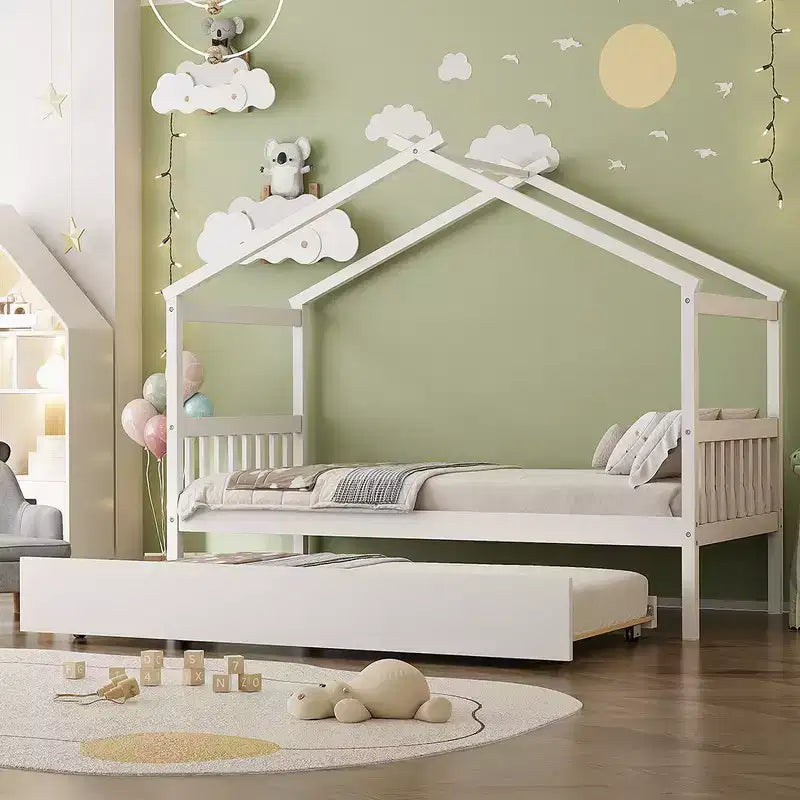 Twin Size Wooden House Bed with Twin Size Trundle