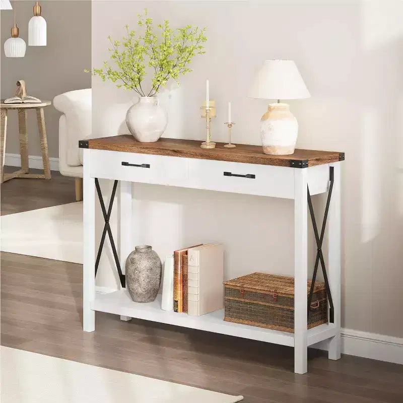 31 inch Console Table with Drawers and Open Shelf, 2-Tier Narrow Sofa Table for Entryway, Living Room, Corridor