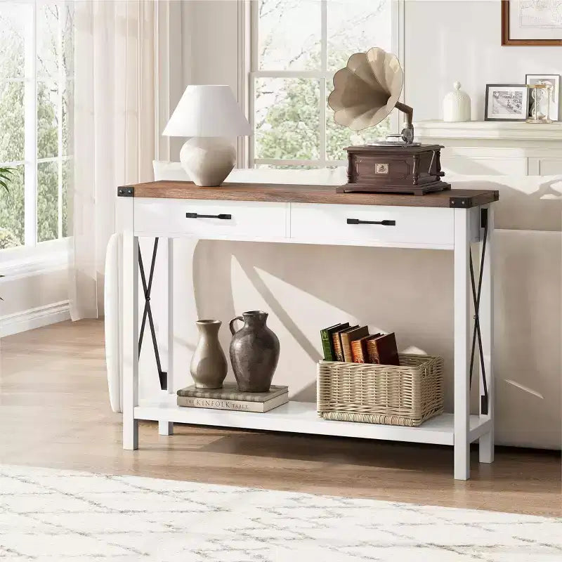 31 inch Console Table with Drawers and Open Shelf, 2-Tier Narrow Sofa Table for Entryway, Living Room, Corridor