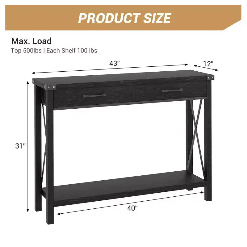 31 inch Console Table with Drawers and Open Shelf, 2-Tier Narrow Sofa Table for Entryway, Living Room, Corridor