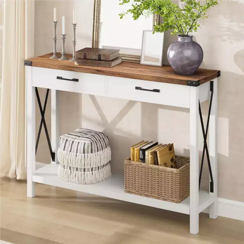 31 inch Console Table with Drawers and Open Shelf, 2-Tier Narrow Sofa Table for Entryway, Living Room, Corridor