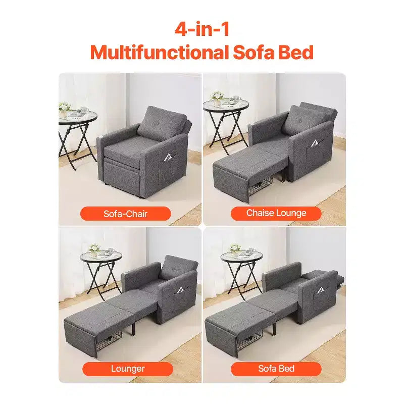 Sleeper Sofa Bed, Convertible with Side Pocket, Pillow, Armrest and Desk Board, 5 Adjustable Angles Backrest, Gray