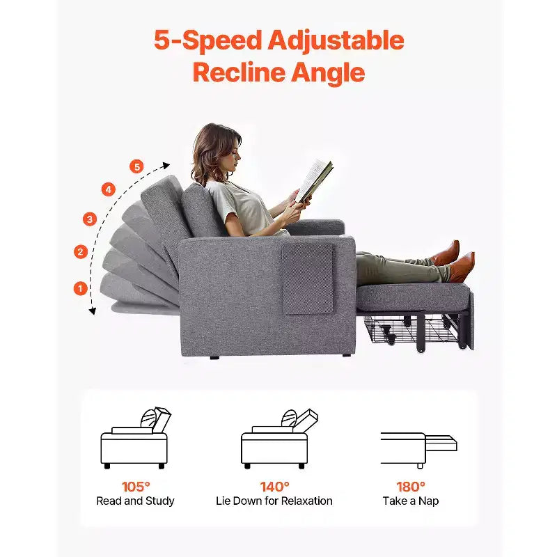Sleeper Sofa Bed, Convertible with Side Pocket, Pillow, Armrest and Desk Board, 5 Adjustable Angles Backrest, Gray