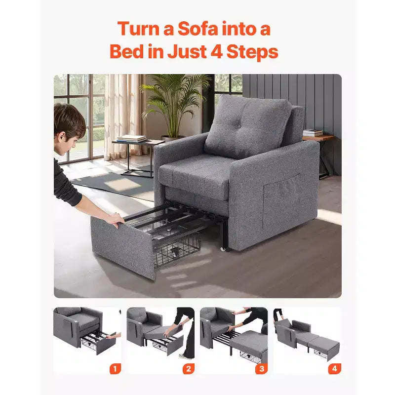 Sleeper Sofa Bed, Convertible with Side Pocket, Pillow, Armrest and Desk Board, 5 Adjustable Angles Backrest, Gray