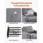 Sleeper Sofa Bed, Convertible with Side Pocket, Pillow, Armrest and Desk Board, 5 Adjustable Angles Backrest, Gray