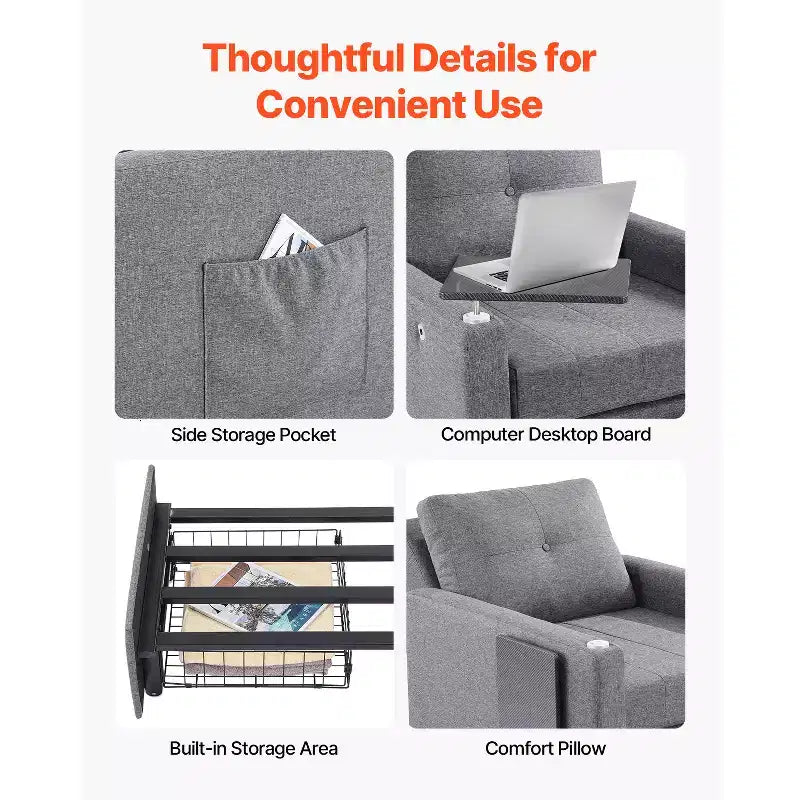 Sleeper Sofa Bed, Convertible with Side Pocket, Pillow, Armrest and Desk Board, 5 Adjustable Angles Backrest, Gray