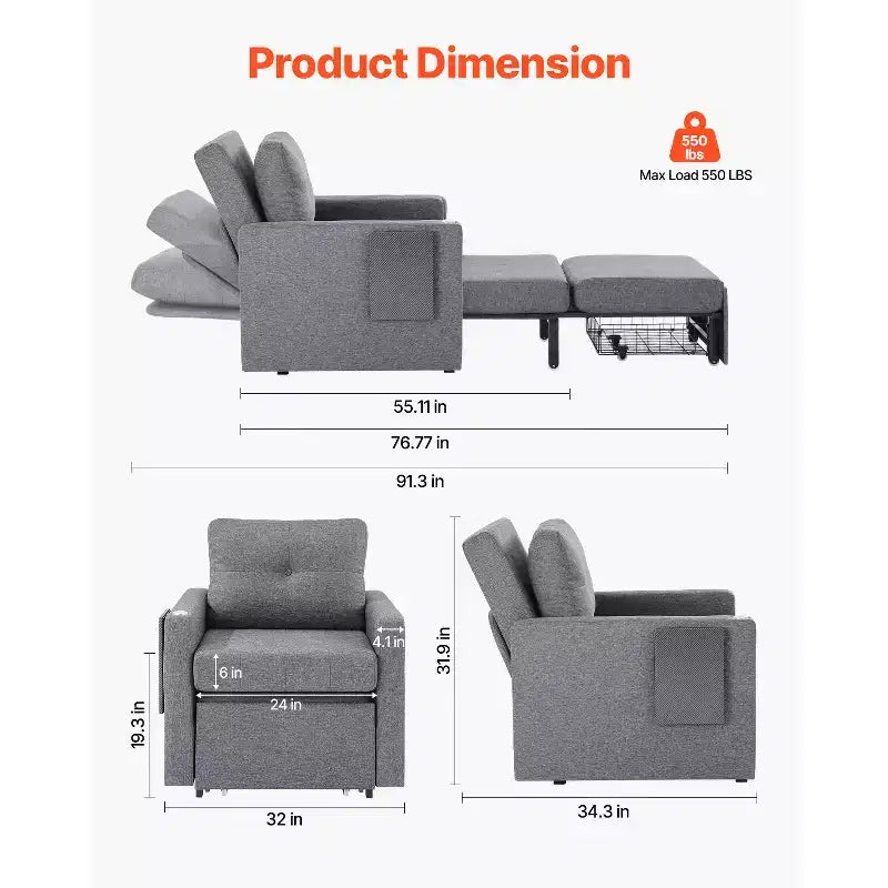 Sleeper Sofa Bed, Convertible with Side Pocket, Pillow, Armrest and Desk Board, 5 Adjustable Angles Backrest, Gray