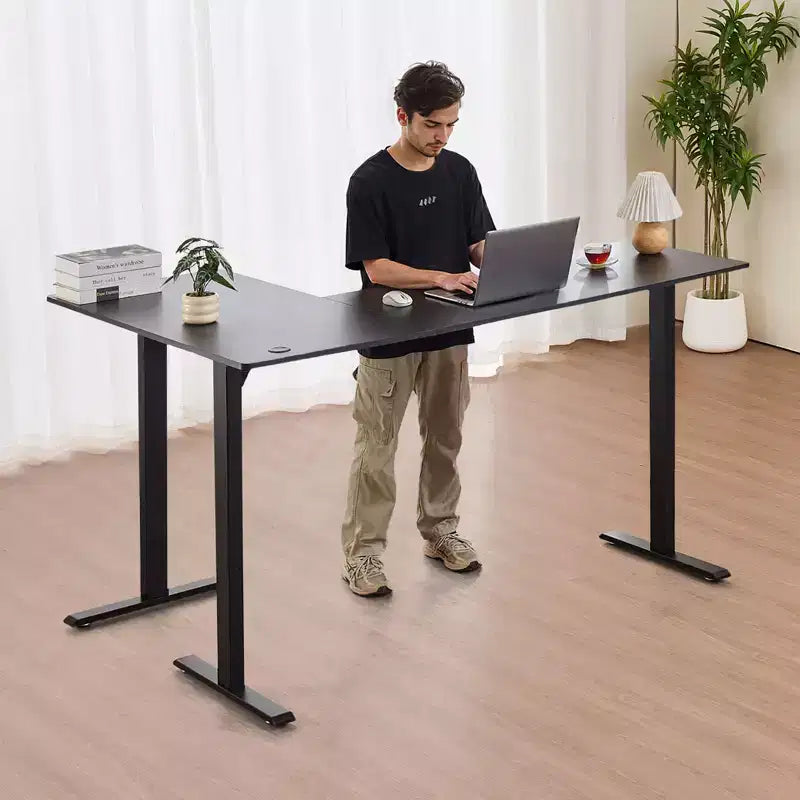L Shaped Desk, Electric Adjustable Height Corner Gaming Desk with Dual Hooks, Heavy Duty Carbon Steel L-Shaped Computer Table, Black