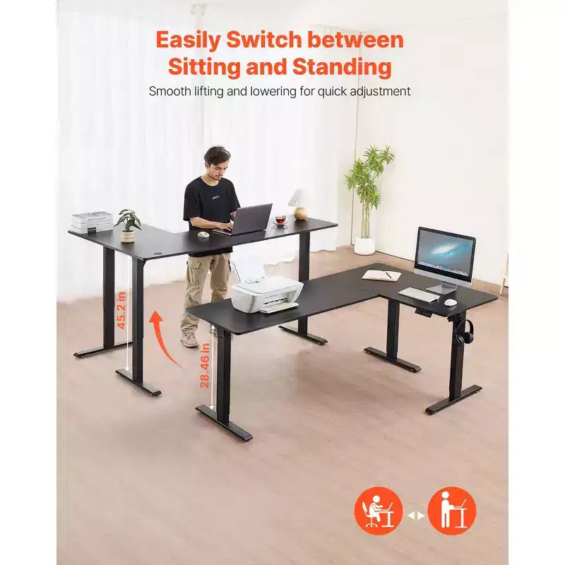 L Shaped Desk, Electric Adjustable Height Corner Gaming Desk with Dual Hooks, Heavy Duty Carbon Steel L-Shaped Computer Table, Black