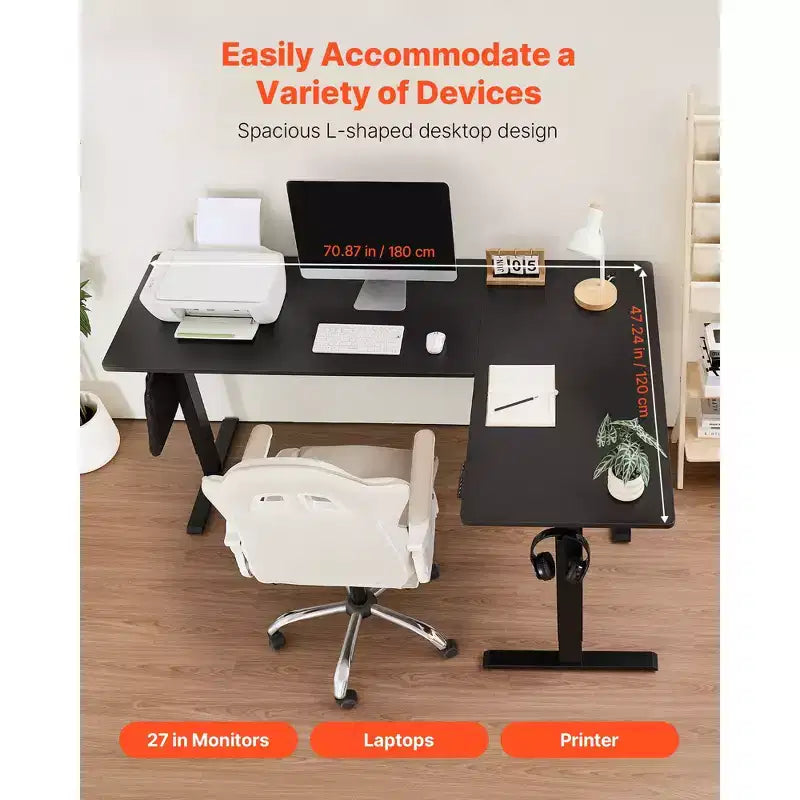 L Shaped Desk, Electric Adjustable Height Corner Gaming Desk with Dual Hooks, Heavy Duty Carbon Steel L-Shaped Computer Table, Black