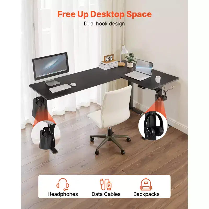 L Shaped Desk, Electric Adjustable Height Corner Gaming Desk with Dual Hooks, Heavy Duty Carbon Steel L-Shaped Computer Table, Black