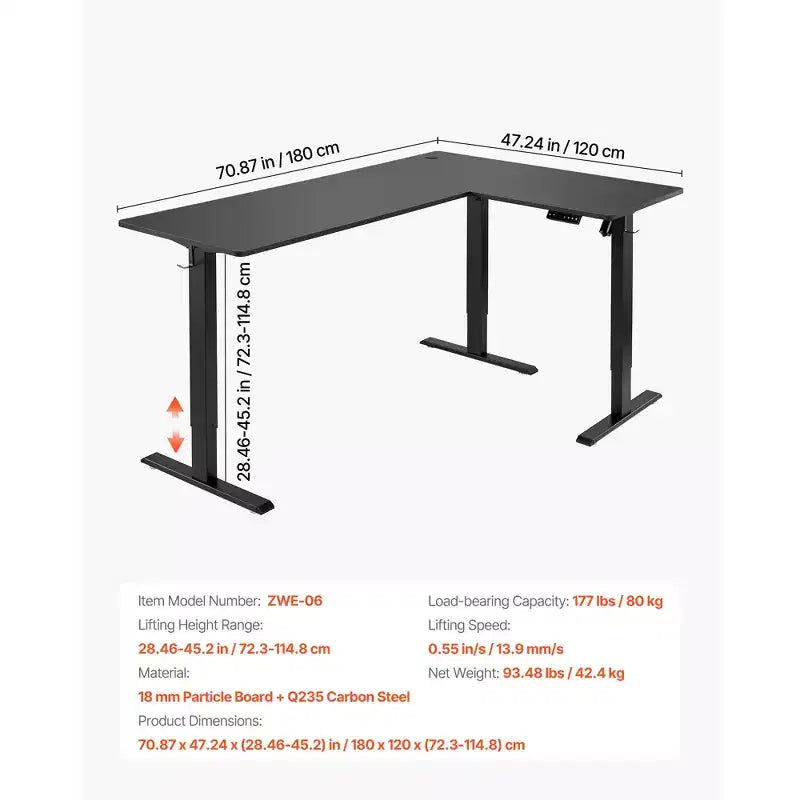 L Shaped Desk, Electric Adjustable Height Corner Gaming Desk with Dual Hooks, Heavy Duty Carbon Steel L-Shaped Computer Table, Black