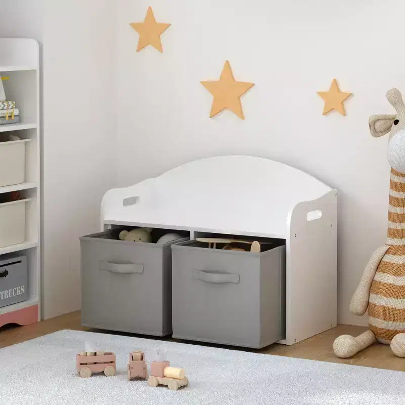 Kids Wooden Toy Box/Bench with Collapsible Fabric Drawers,Toy Storage Cabinet Organizer, White