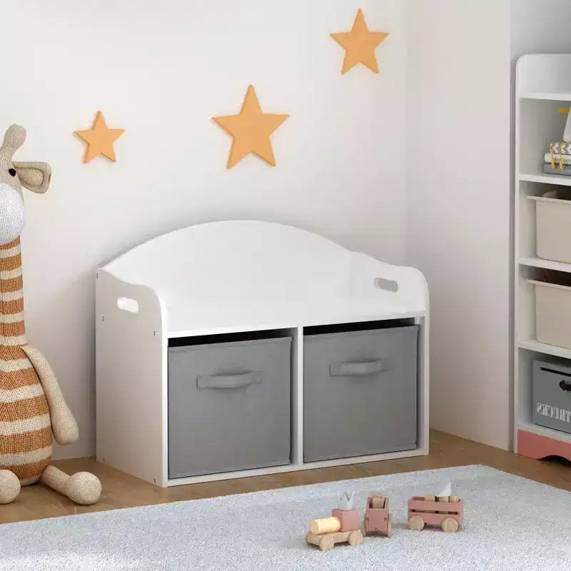 Kids Wooden Toy Box/Bench with Collapsible Fabric Drawers,Toy Storage Cabinet Organizer, White